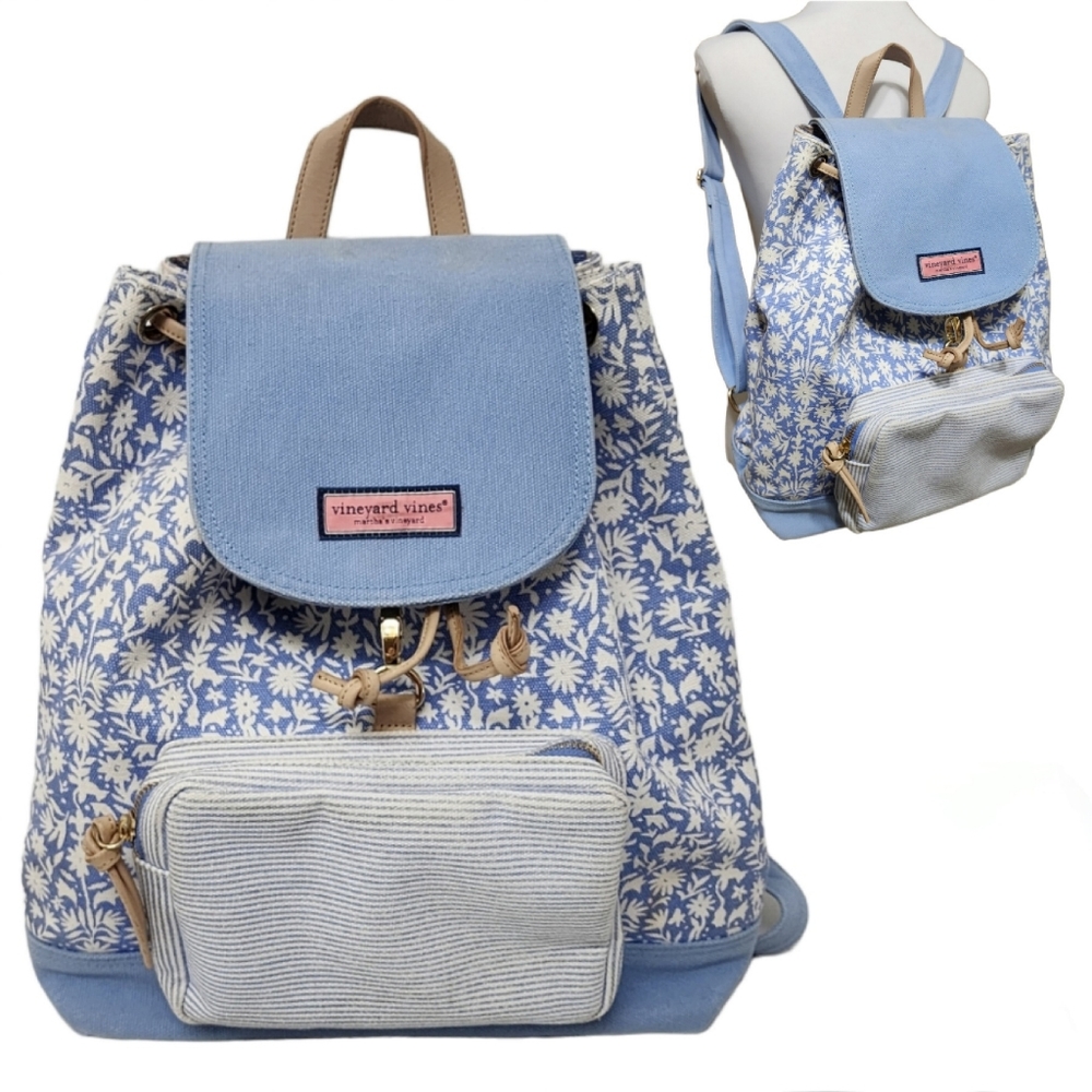 Vineyard Vines Drawstring Backpack Canvas Blue Floral Large Summer Beach Bag